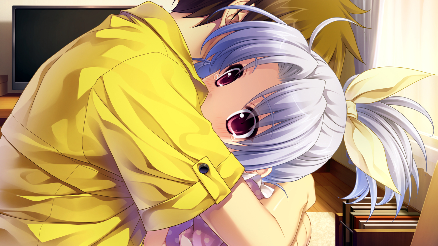 akatsuki-works, game_cg, hug, kanno_kou, kusui_riko, saeki_hokuto, &_sora_no_mukou_de_sakimasu_you_ni