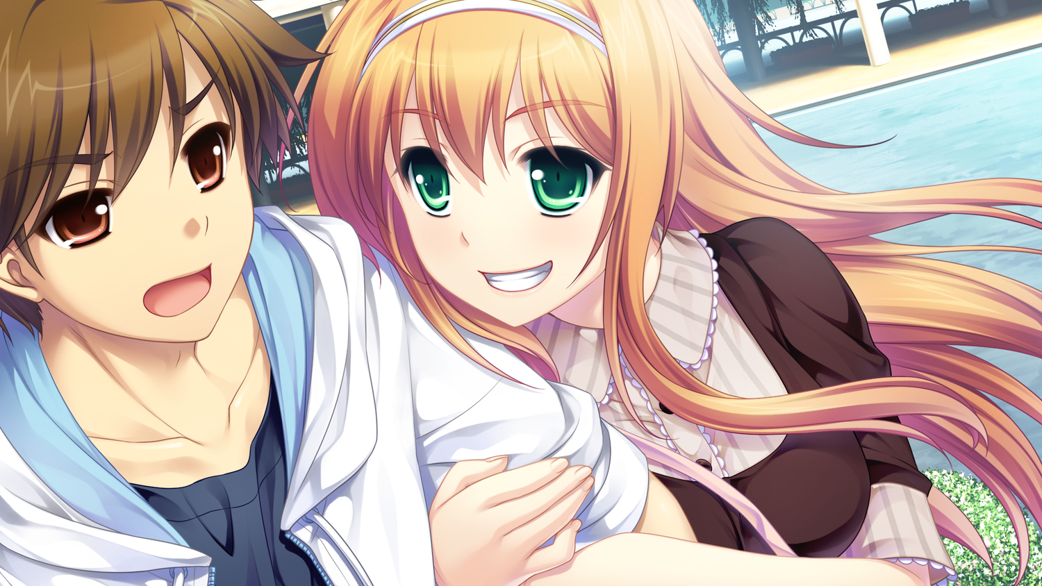 akatsuki-works, blonde_hair, brown_eyes, brown_hair, game_cg, green_eyes, haruki_urara, kanno_kou