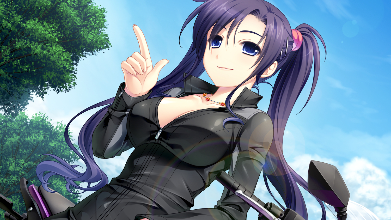 akatsuki-works, blue_eyes, blue_hair, bodysuit, breasts, cleavage, clouds, game_cg, long_hair, motorcycle, necklace, renjou_yae, saeki_hokuto, skintight, sky, &_sora_no_mukou_de_sakimasu_you_ni, tree, twintails