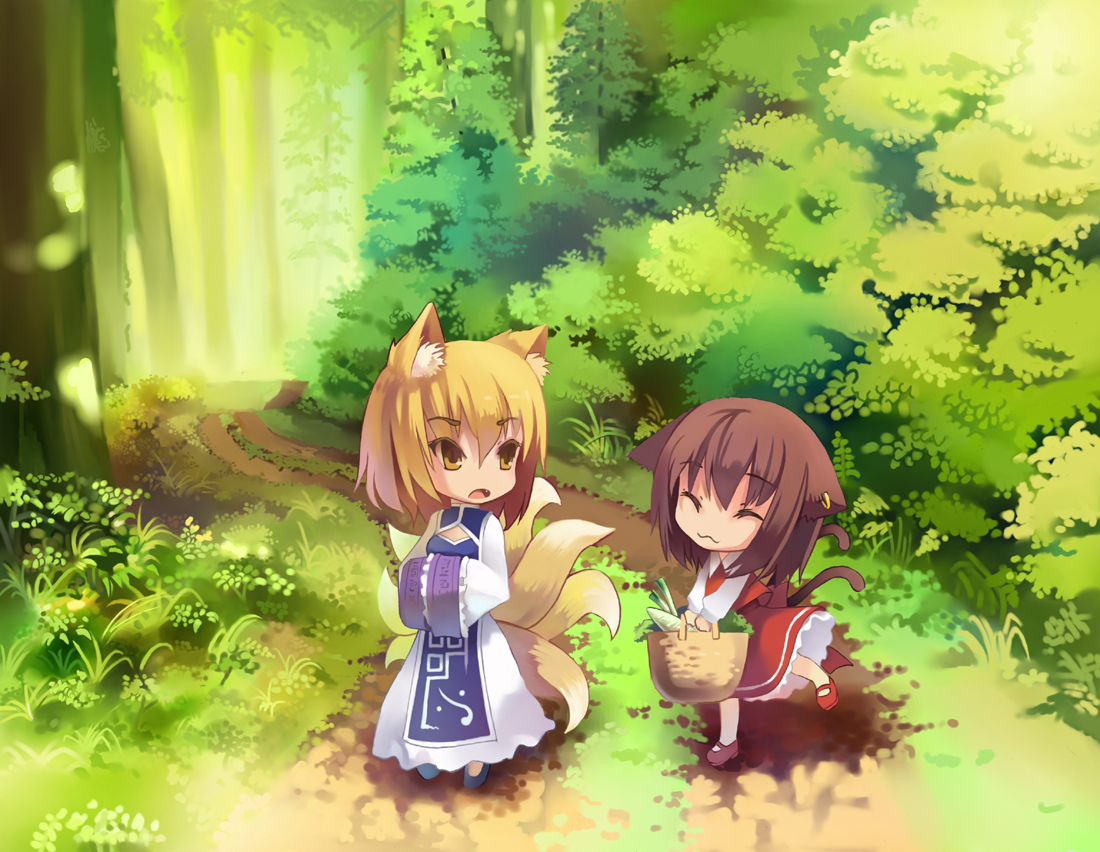 2girls, animal_ears, blonde_hair, brown_hair, catgirl, cat_smile, chen, chibi