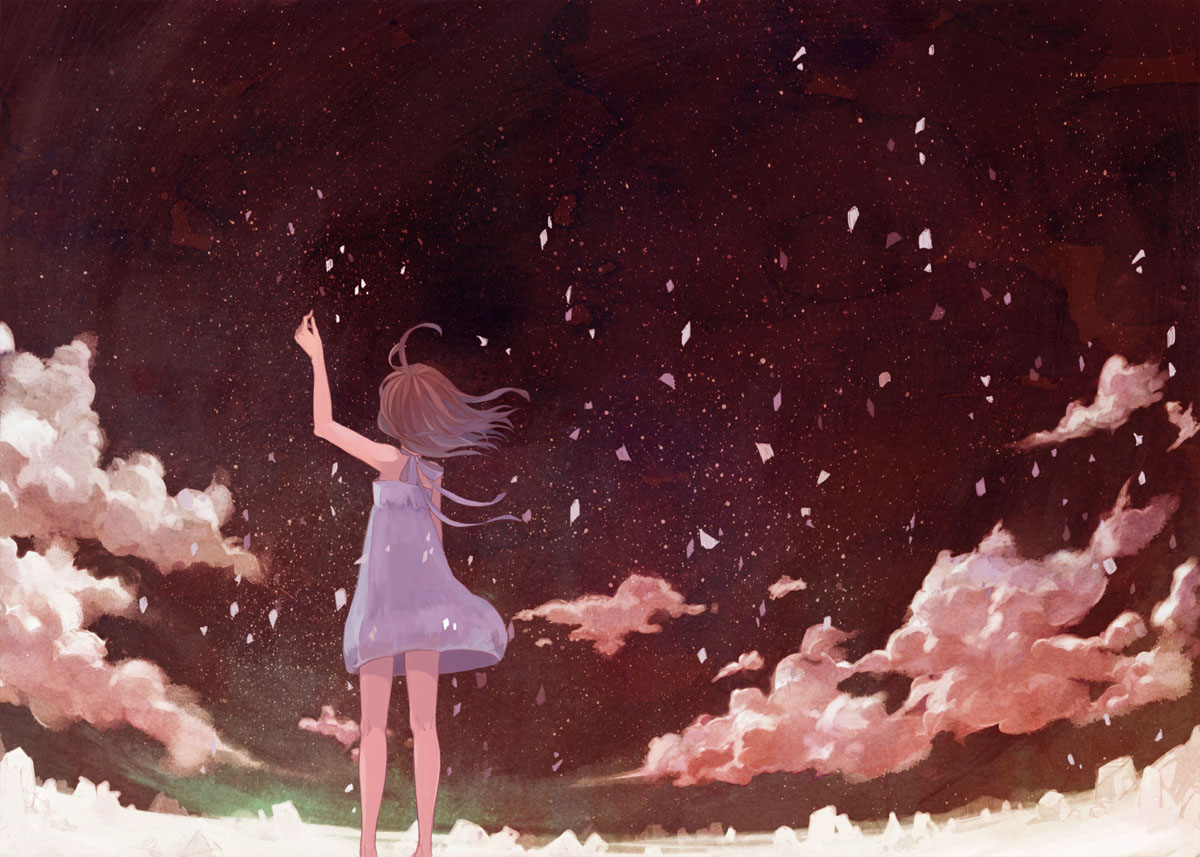 barefoot, brown_hair, clouds, dress, gabaisuito-n, original, sky