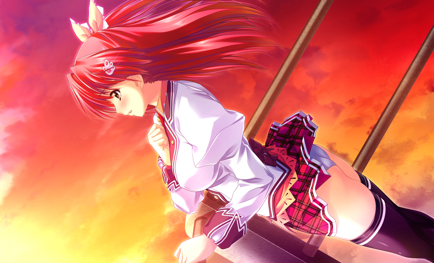amasaka_takashi, game_cg, kohinata_yuuka, koi_mekuri_clover, red_hair, school_uniform, sunset