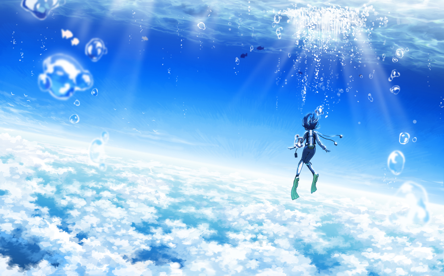 amemura_(caramelo), animal, bird, clouds, fish, original, sky, water
