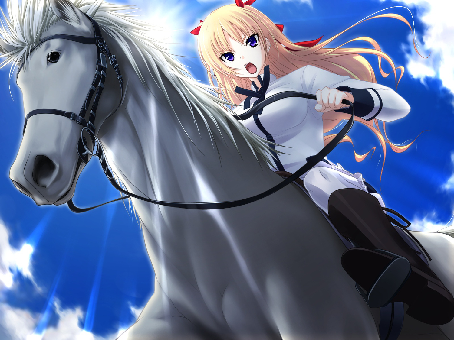 animal, blonde_hair, blue_eyes, christiane_friedrich, game_cg, horse, kawagishi_keitarou, maji_de_watashi_ni_koi_shinasai!