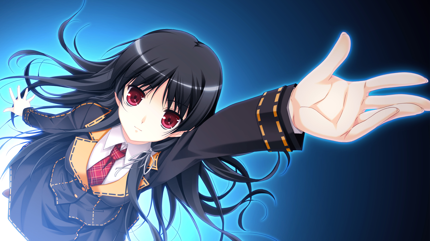 black_hair, game_cg, ichinose_yua, long_hair, makita_maki, red_eyes, school_uniform, shinigami_no_testament