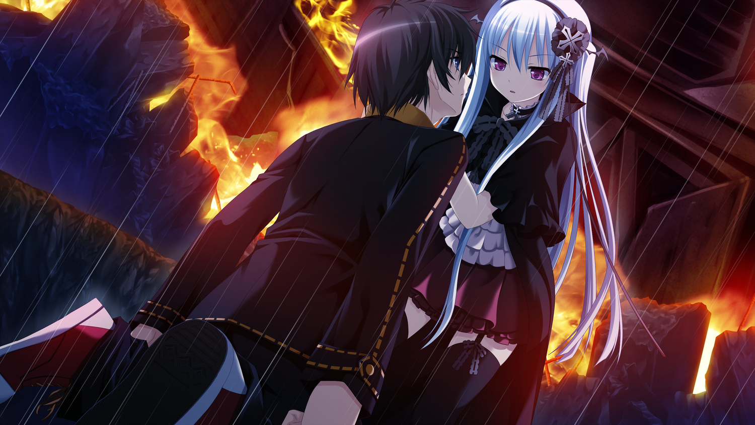 asayama_rui, fire, game_cg, headdress, long_hair, makita_maki, male, rain