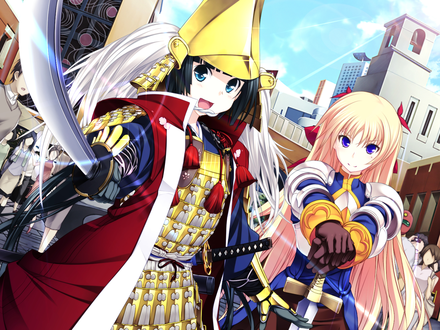 armor, black_hair, blonde_hair, christiane_friedrich, game_cg, kawagishi_keitarou, maji_de_watashi_ni_koi_shinasai!, mayuzumi_yukie