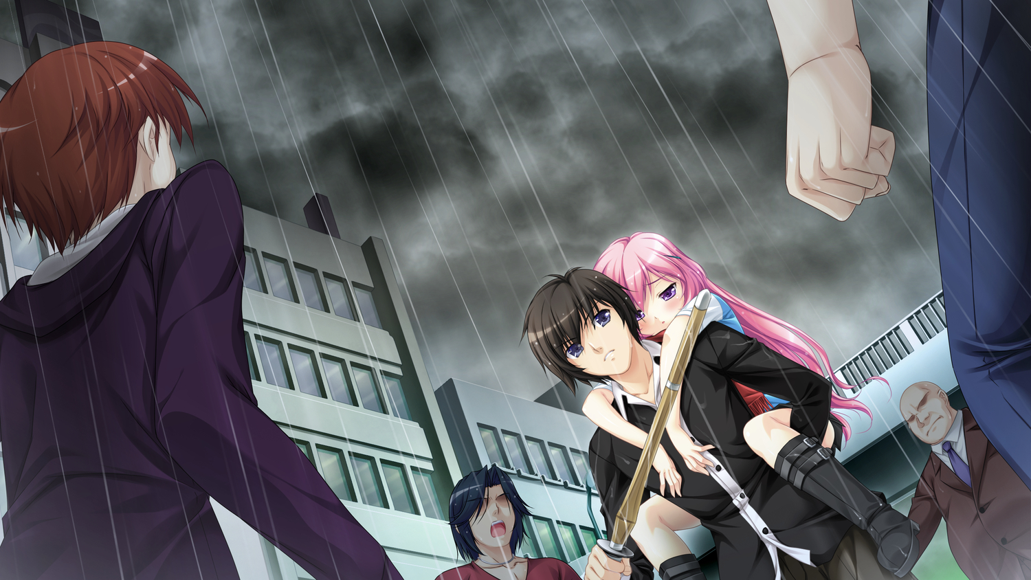 asayama_rui, black_hair, blue_eyes, brown_hair, building, clouds, game_cg, group