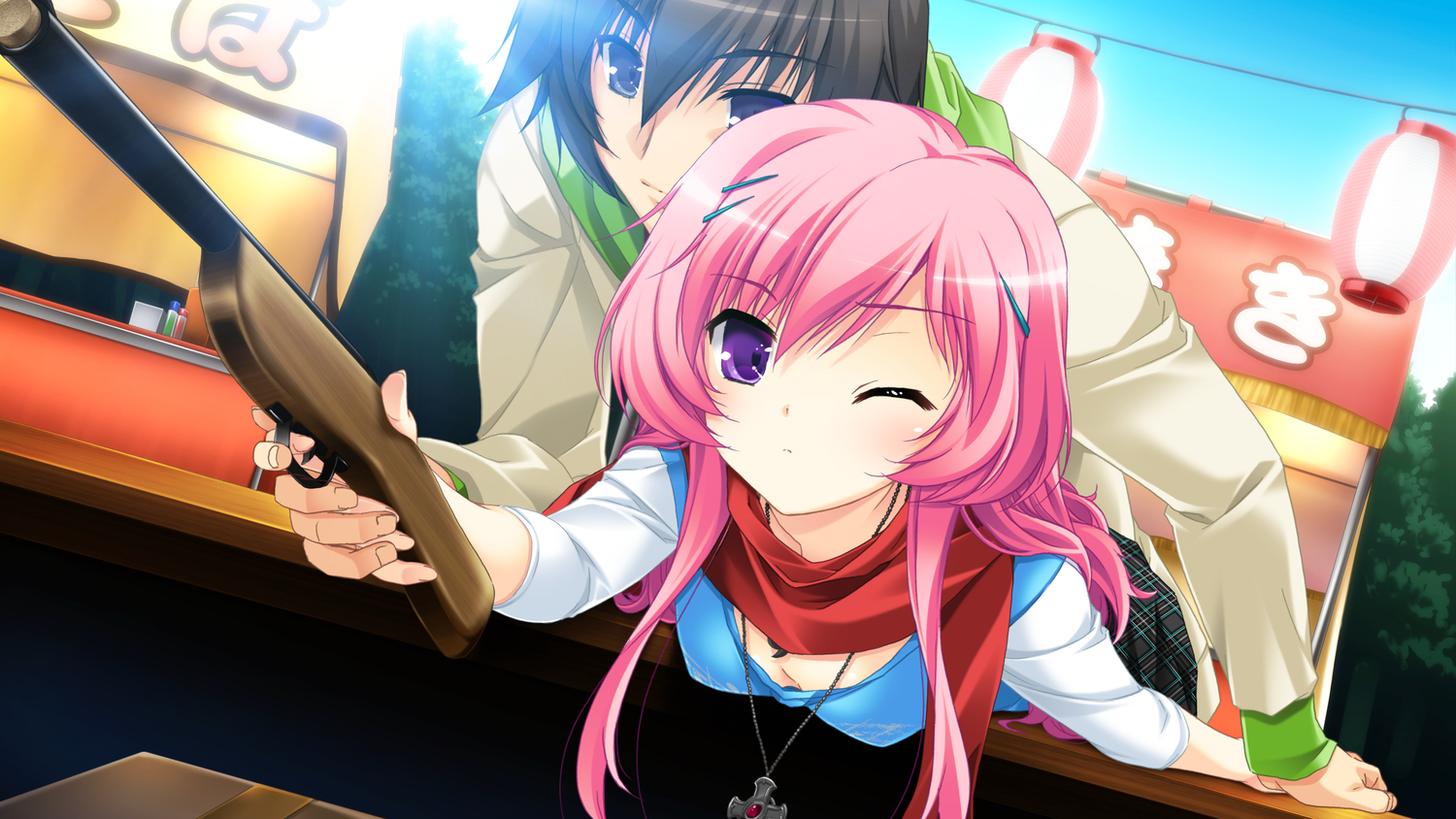 asayama_rui, game_cg, makita_maki, male, mukougaoka_kana, necklace, shinigami_no_testament, weapon
