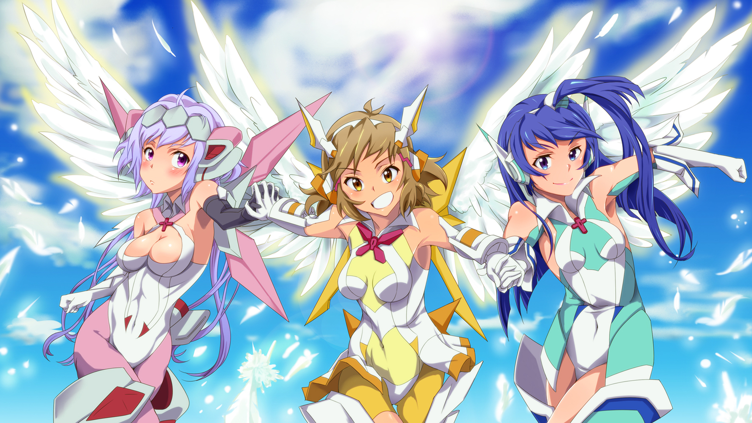 blue_hair, feathers, kazanari_tsubasa, lyrical_denko, senki_zesshou_symphogear, tachibana_hibiki, tagme, wings, yukine_chris