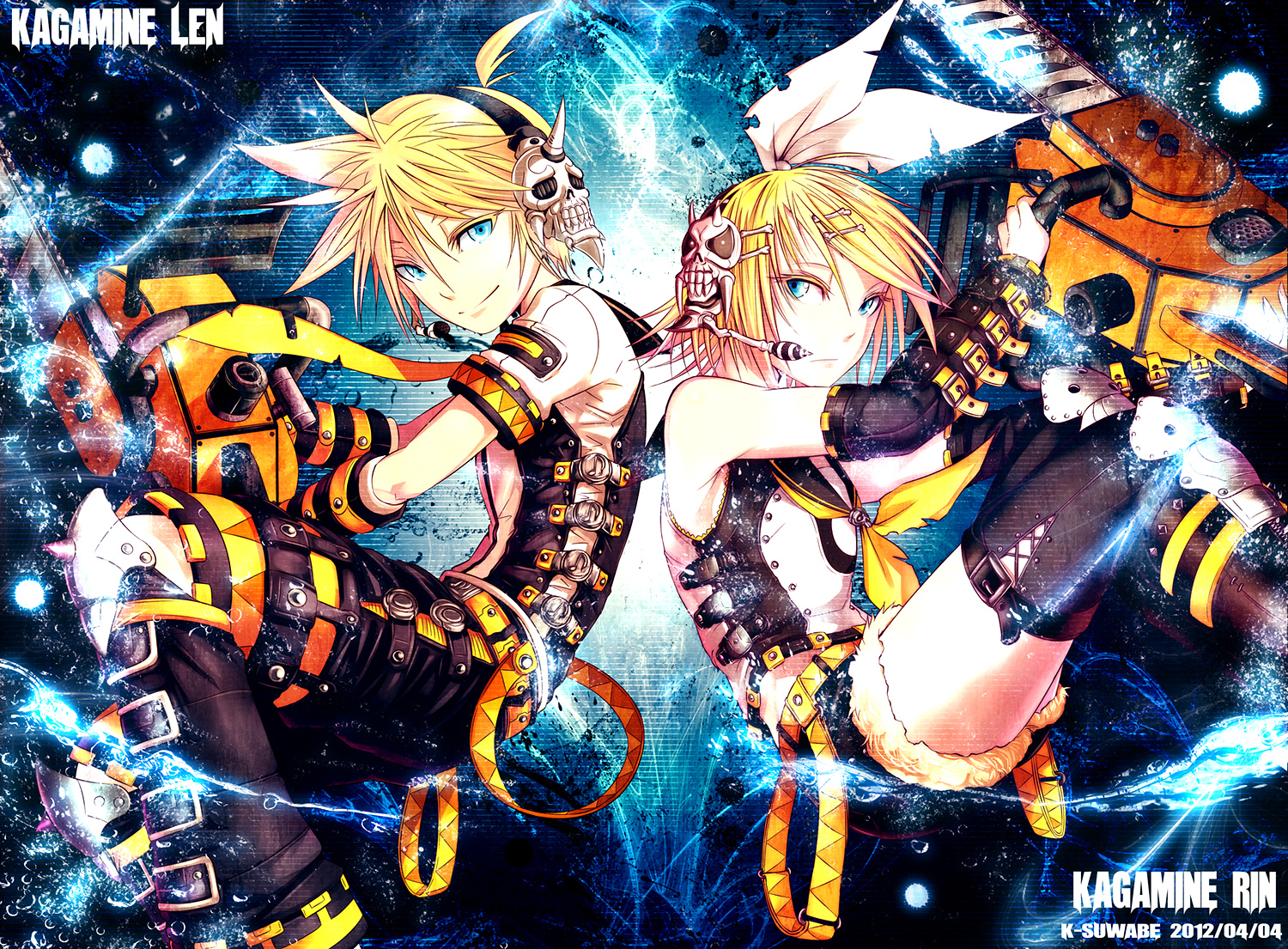 blonde_hair, blue_eyes, boots, chainsaw, headphones, kagamine_len, kagamine_rin, kei-suwabe