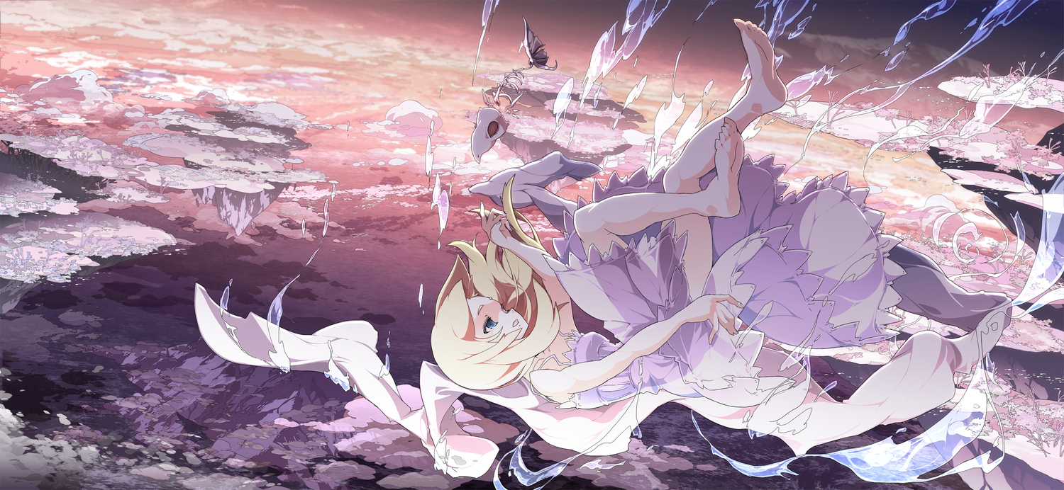 asakura_masatoki, barefoot, blonde_hair, clouds, dress, original, sky