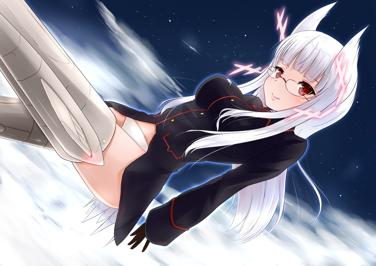 animal_ears, clouds, glasses, heidimarie_w_schnaufer, mitsukii, night, panties, red_eyes
