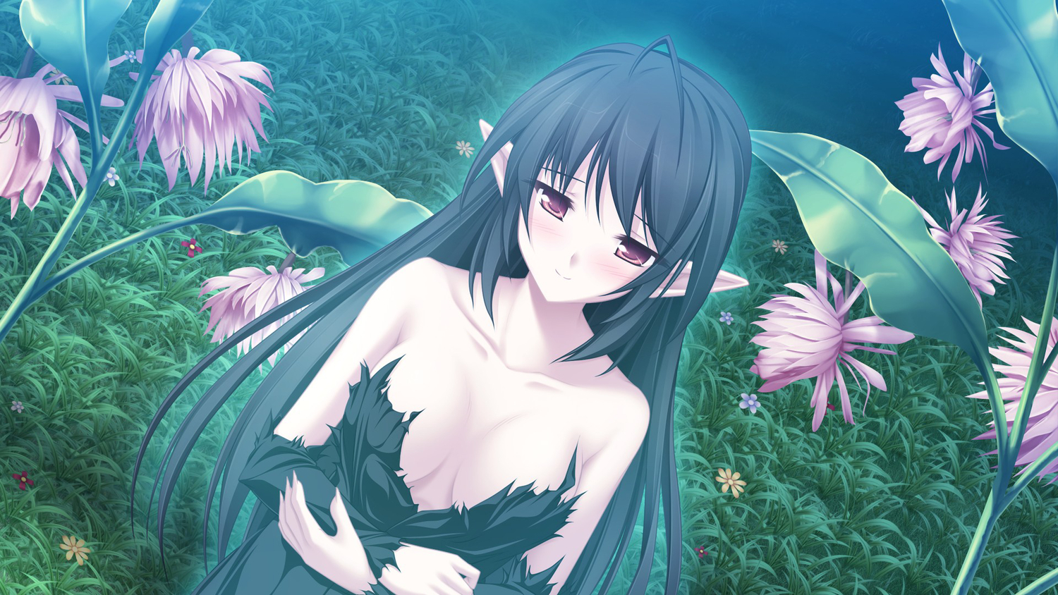 black_hair, fuu_(suzukaze_no_melt), game_cg, long_hair, maikaze_no_melt, pointed_ears, red_eyes, tenmaso