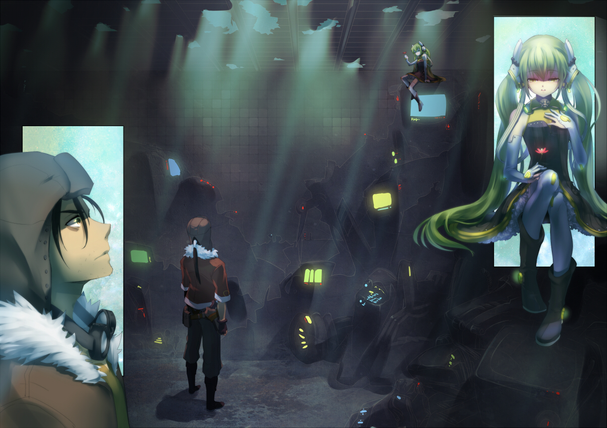 black_hair, dress, flowers, glasses, gloves, green_eyes, green_hair, hatsune_miku, liusang, long_hair, night, vocaloid