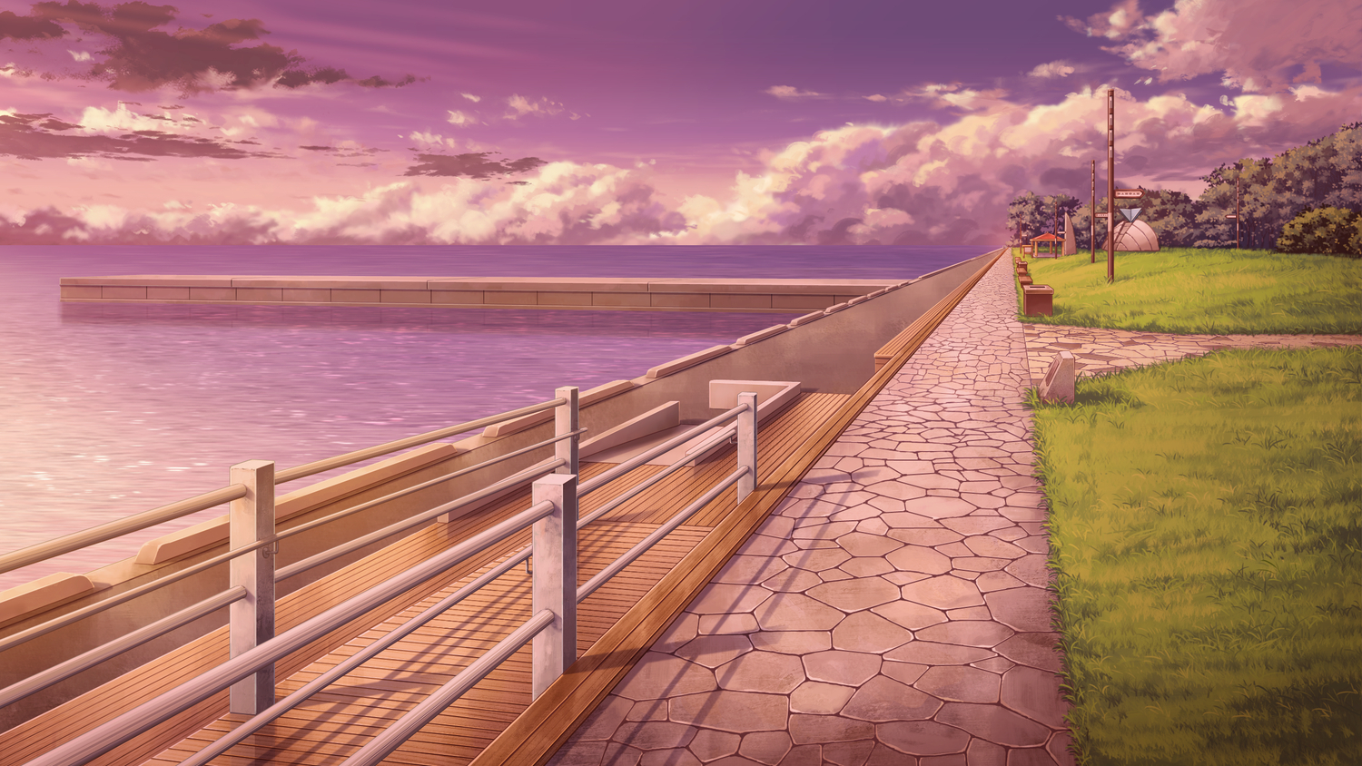 game_cg, grass, no_humans, scenic, strawberry_feels, water