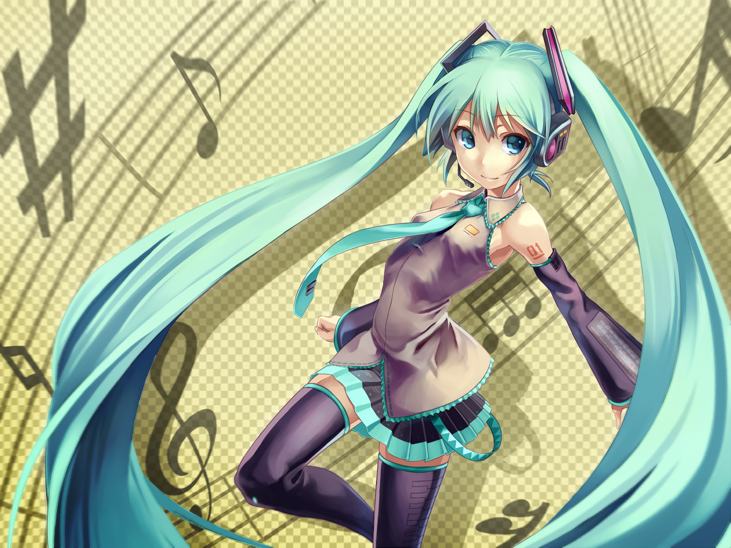 aqua_eyes, aqua_hair, hatsune_miku, headphones, long_hair, nakasaki_hydra, thighhighs, twintails