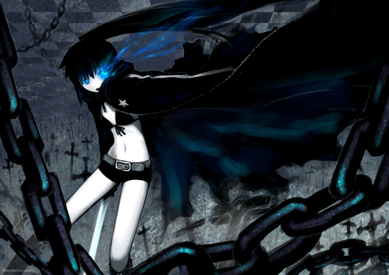 bikini_top, black_rock_shooter, blue_eyes, boots, cape, chain, cosplay, kyonko