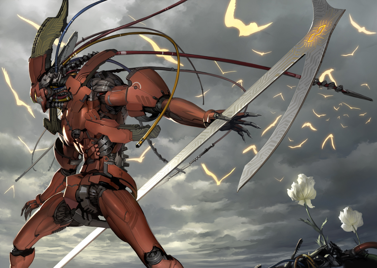 clouds, flowers, mecha, takayama_toshiaki, weapon