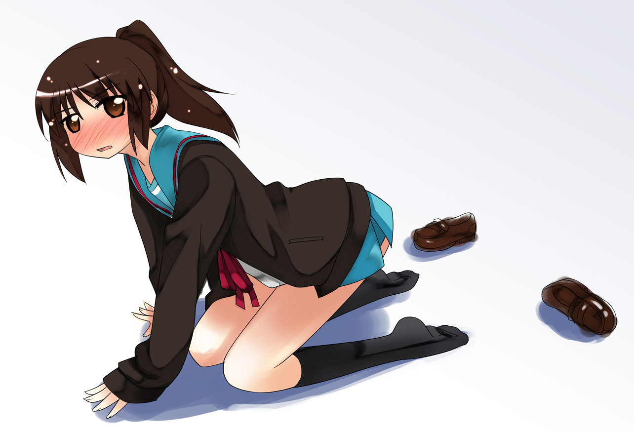 akino_sora, blush, brown_eyes, brown_hair, jpeg_artifacts, kyonko, ponytail, school_uniform