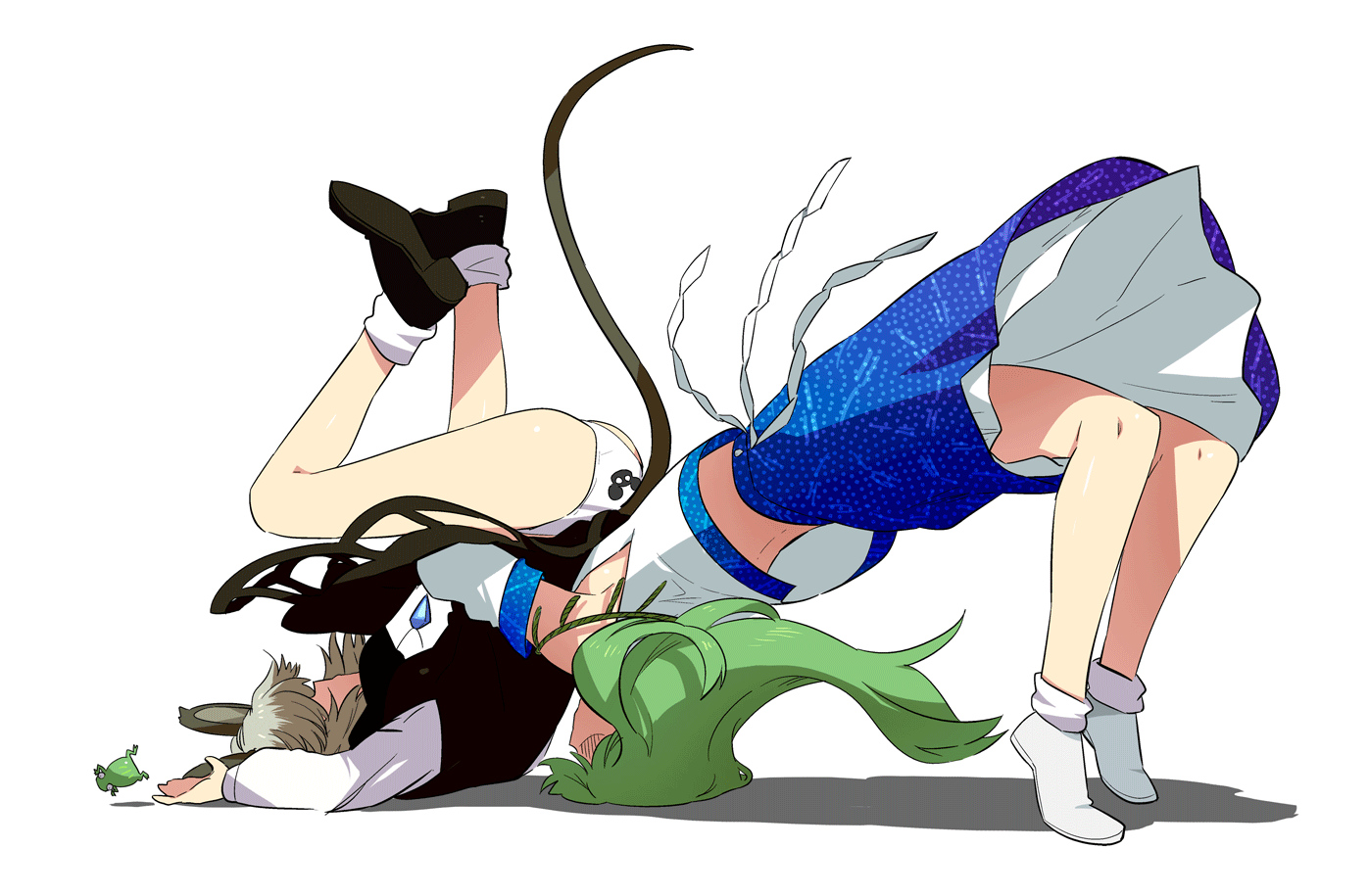 2girls, animal, animal_ears, blonde_hair, frog, green_hair, japanese_clothes, kochiya_sanae