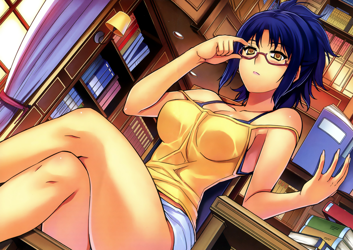 blue_hair, blush, book, bra, freezing, glasses, julia_munberk, kim_kwang-hyun, shorts, underwear, yellow_eyes