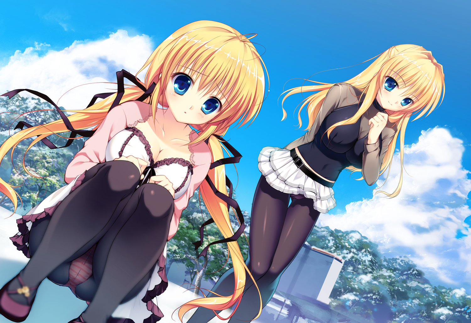 2girls, blonde_hair, blue_eyes, breasts, cleavage, ex-one, game_cg, kazamatsuri_koromo, kazamatsuri_mana, long_hair, manatsu_no_yoru_no_yuki_monogatari, mikeou, panties, pantyhose, striped_panties, twins, underwear