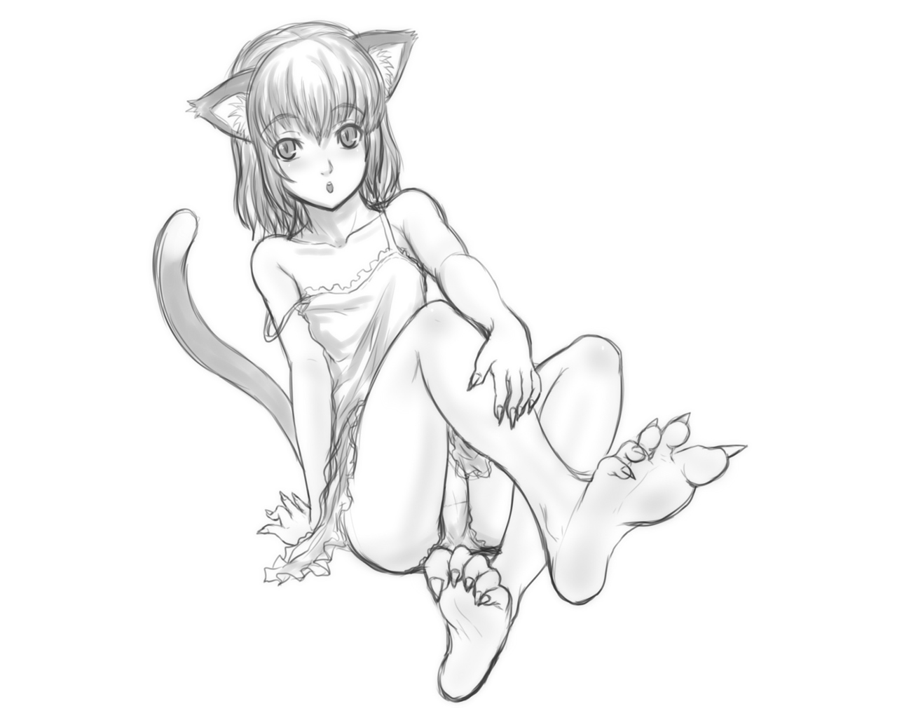 animal_ears, barefoot, catgirl, kuro_suto_sukii, monochrome, original, panties, sketch