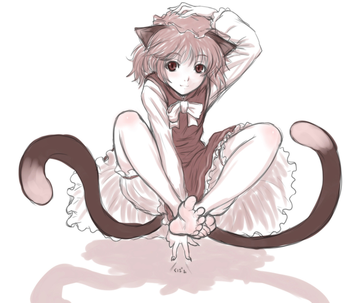 animal_ears, barefoot, catgirl, chen, hat, kuro_suto_sukii, monochrome, multiple_tails