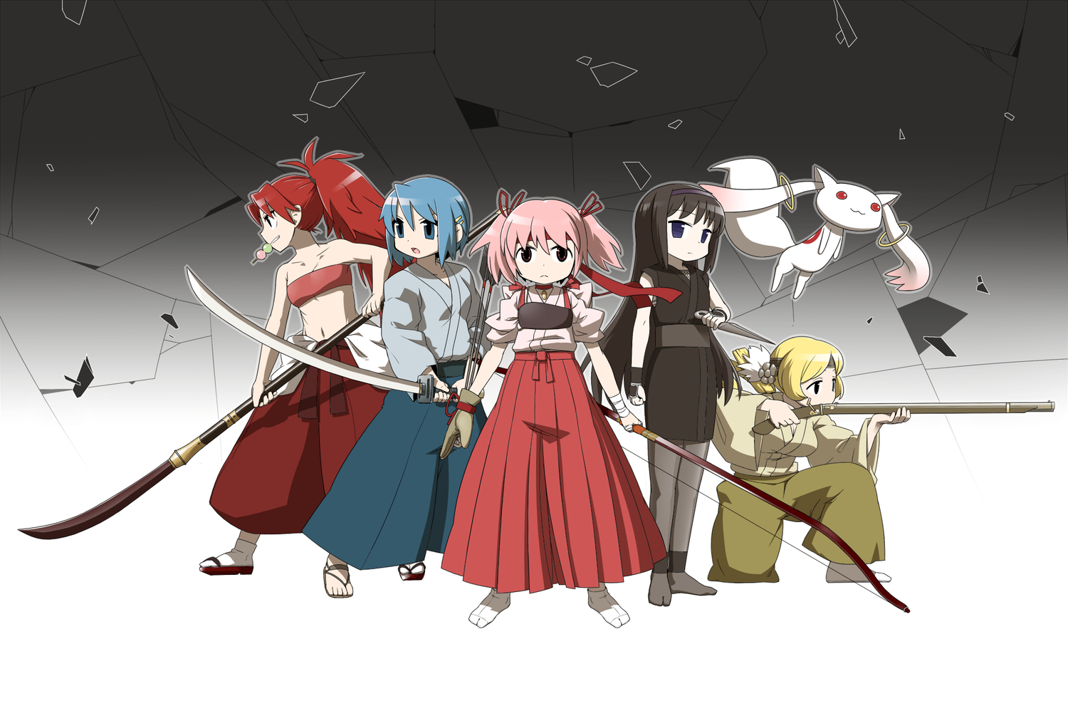 akemi_homura, bow_(weapon), gun, kaname_madoka, kyuubee, mahou_shoujo_madoka_magica, miki_sayaka, pantyhose, sakura_kyouko, sword, tomoe_mami, ume_(noraneko), weapon
