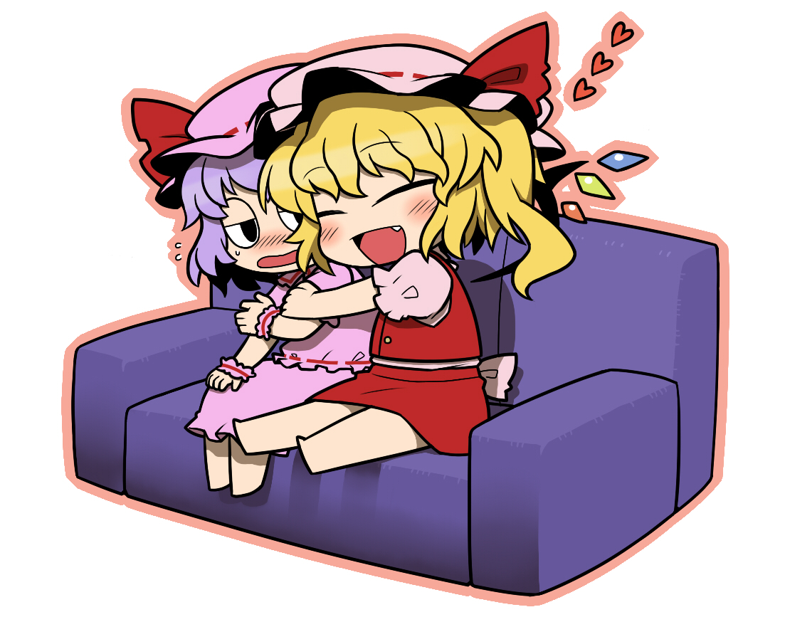 blonde_hair, blue_hair, blush, fang, flandre_scarlet, hat, hug, remilia_scarlet