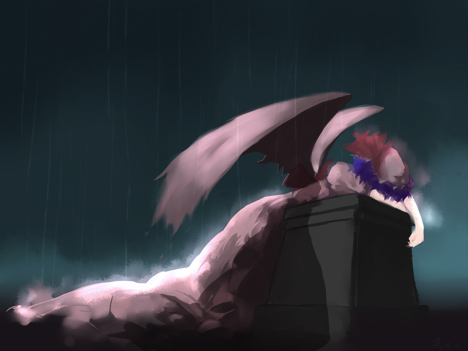 cha, hat, purple_hair, rain, remilia_scarlet, short_hair, touhou, vampire, water, wings