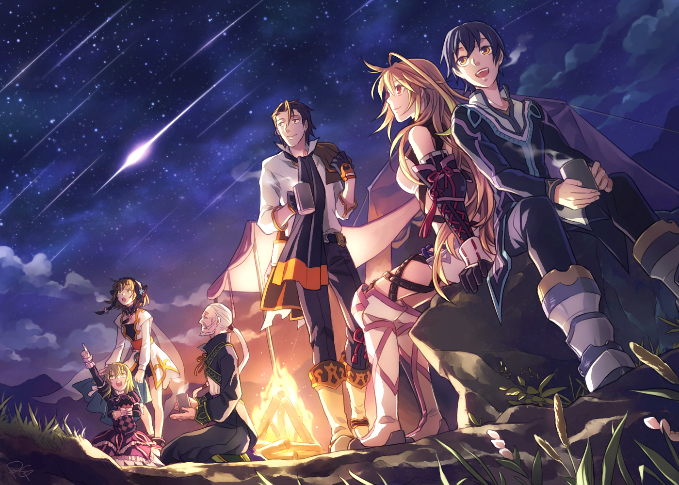 alvin, black_hair, blonde_hair, brown_eyes, brown_hair, clouds, dress, elise_lutas, fire, flowers, gloves, green_eyes, green_hair, jude_mathis, leia_rolando, long_hair, milla_maxwell, minamigahara, night, red_eyes, ribbons, short_hair, sky, stars, tales_of_xillia, tippo, white_hair, yellow_eyes