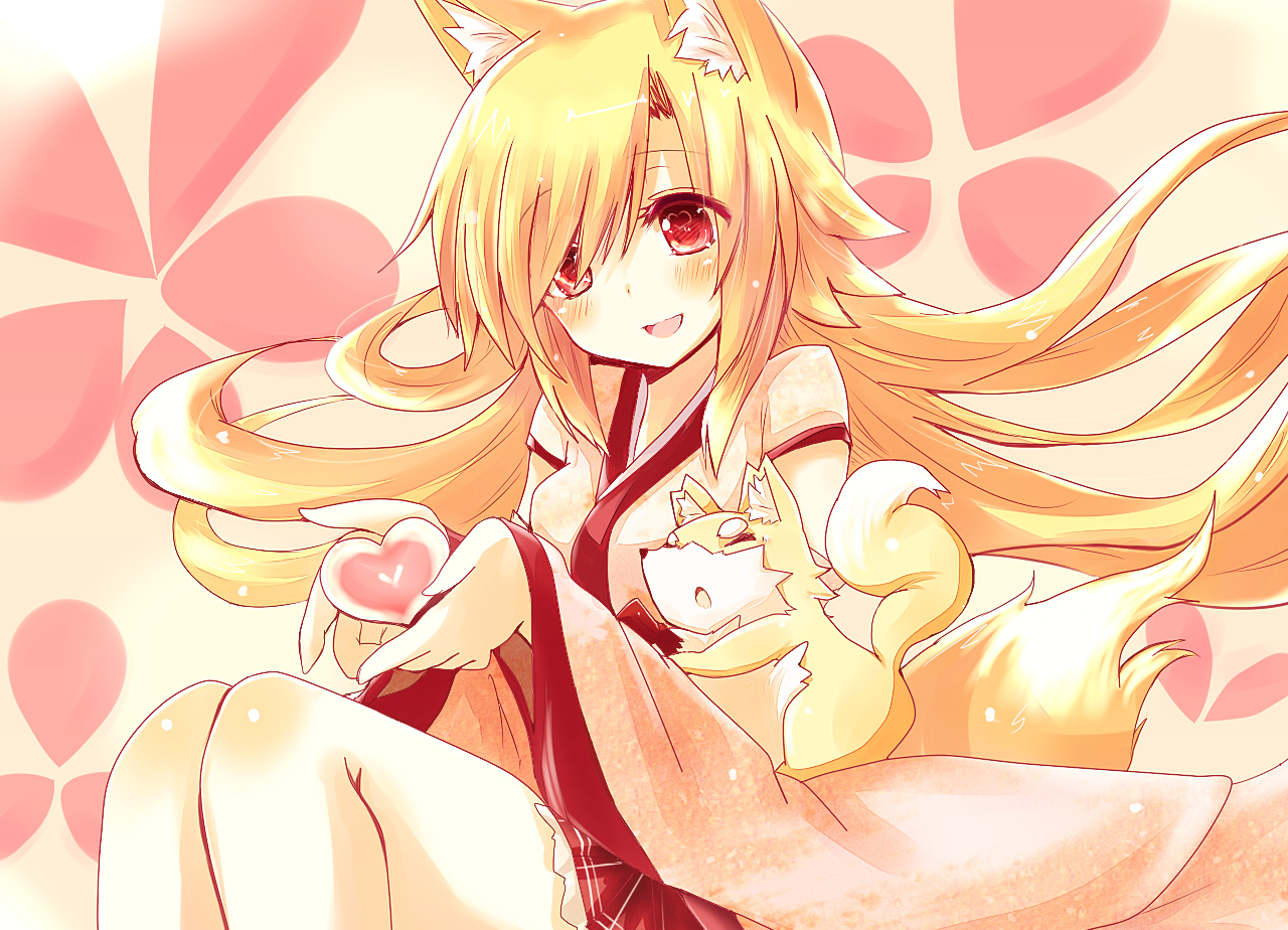 akane_(naomi), animal, animal_ears, blonde_hair, foxgirl, heart, japanese_clothes, long_hair, naomi_(sekai_no_hate_no_kissaten), original, red_eyes, tagme, tail