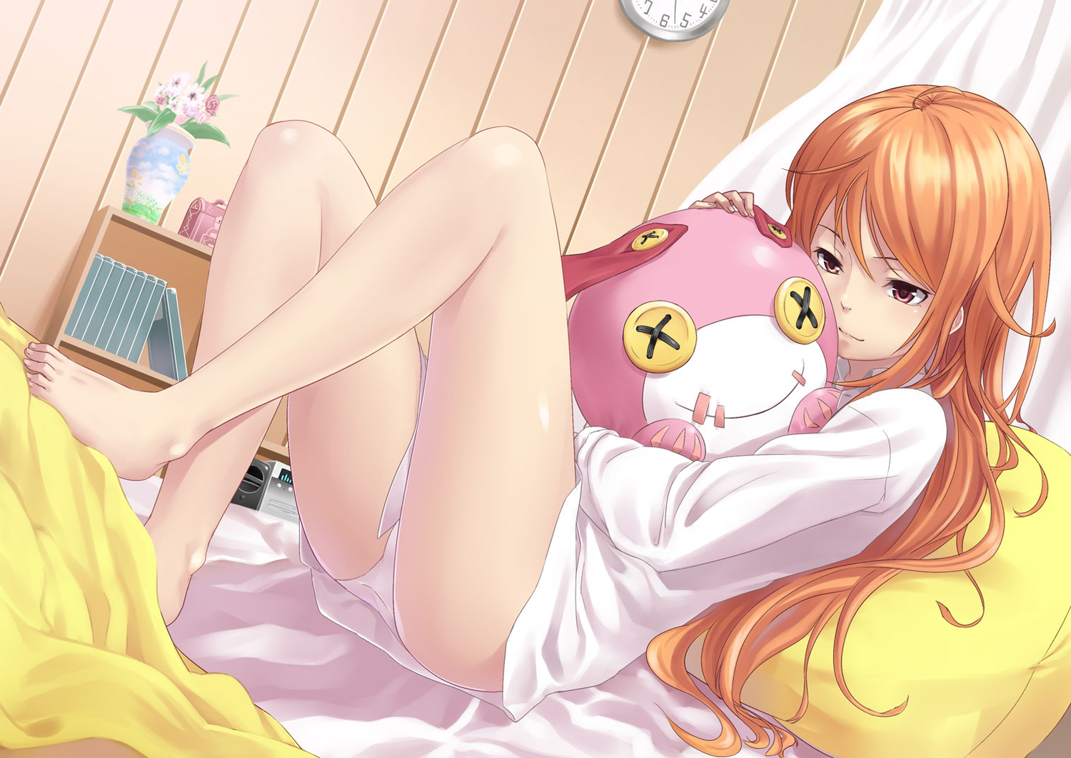 barefoot, bed, long_hair, orange_hair, original, panties, pink_eyes, tokumaro, underwear