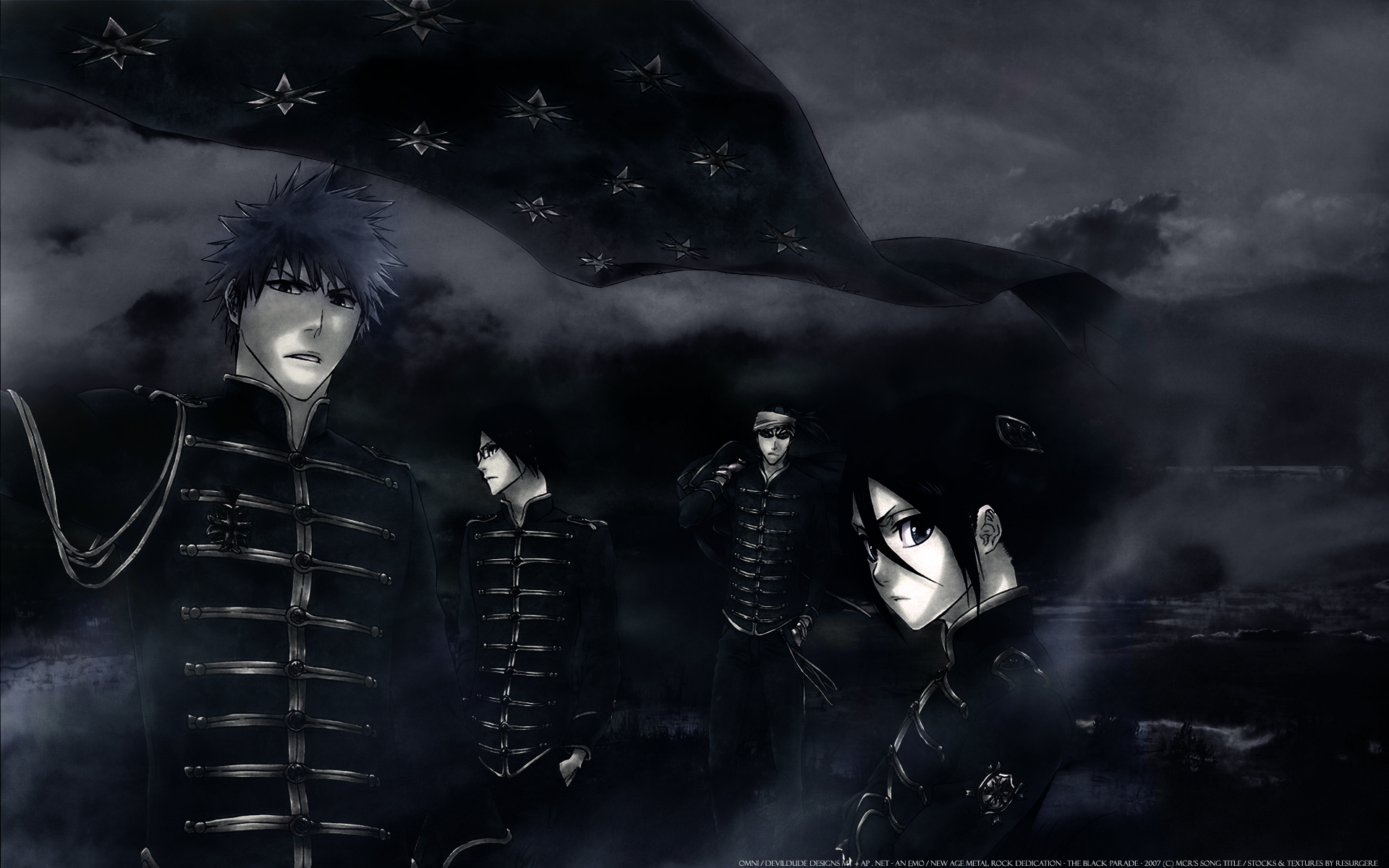 abarai_renji, bleach, dark, hinamori_momo, ishida_uryuu, kurosaki_ichigo, male, military