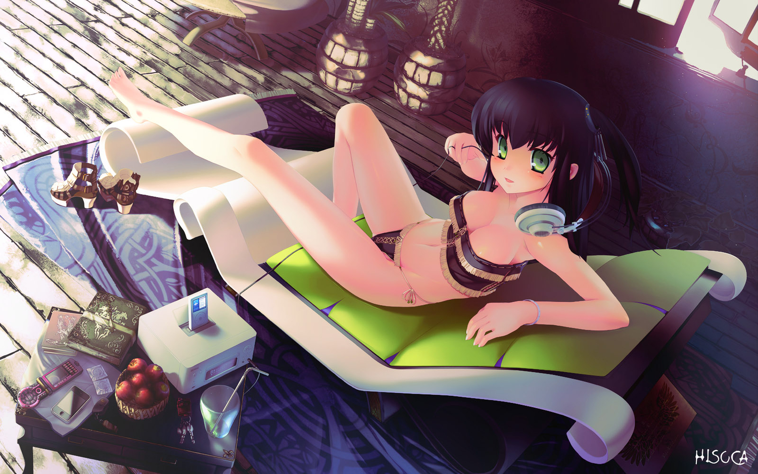 apple, barefoot, bikini, black_hair, breasts, cleavage, food, fruit, green_eyes, headphones, hisoca, ipod, original, phone, swimsuit