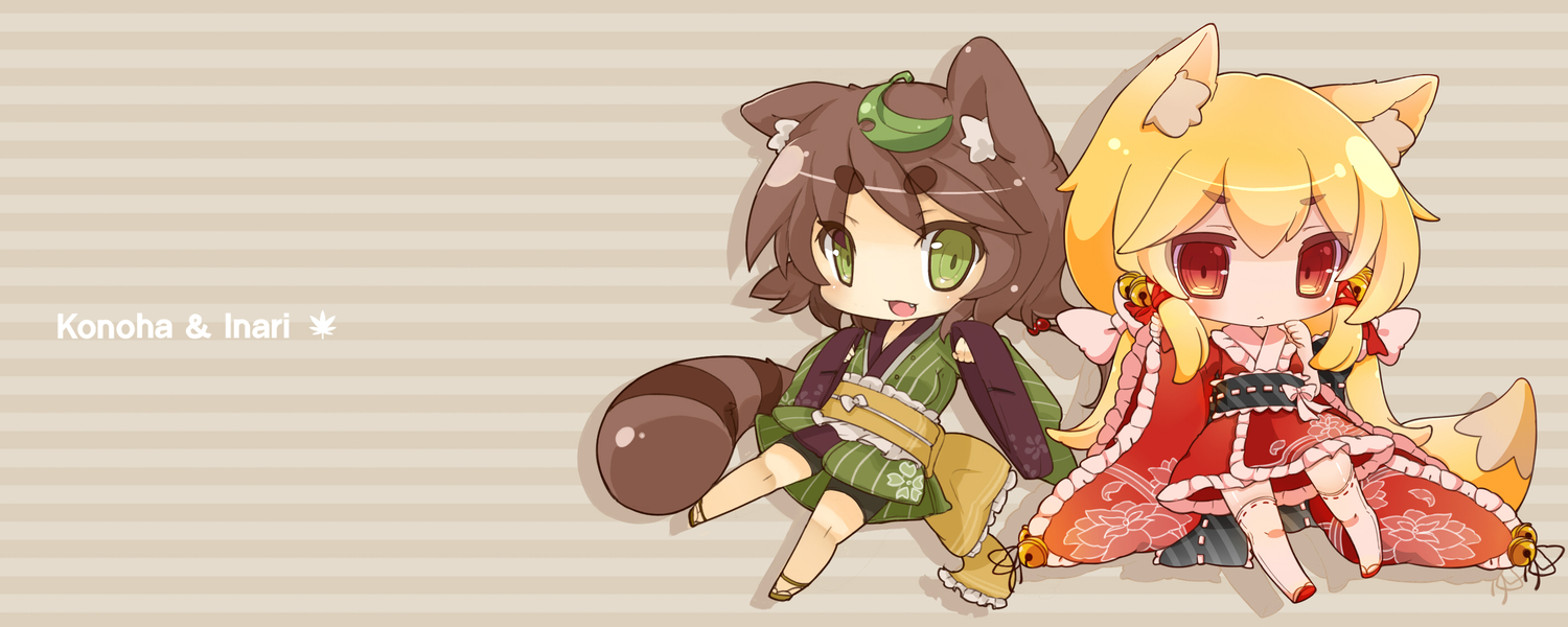 2girls, animal_ears, arai_seiryuu, blonde_hair, blush, brown_hair, chibi, foxgirl, green_eyes, japanese_clothes, kimono, original, red_eyes, tail, thighhighs
