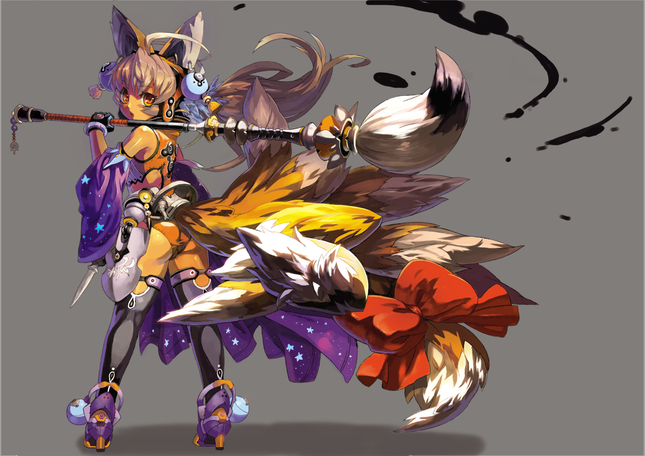 animal_ears, ass, blade_&_soul, bow, foxgirl, long_hair, multiple_tails, orange_eyes, original, tail, won_(toufunokado)