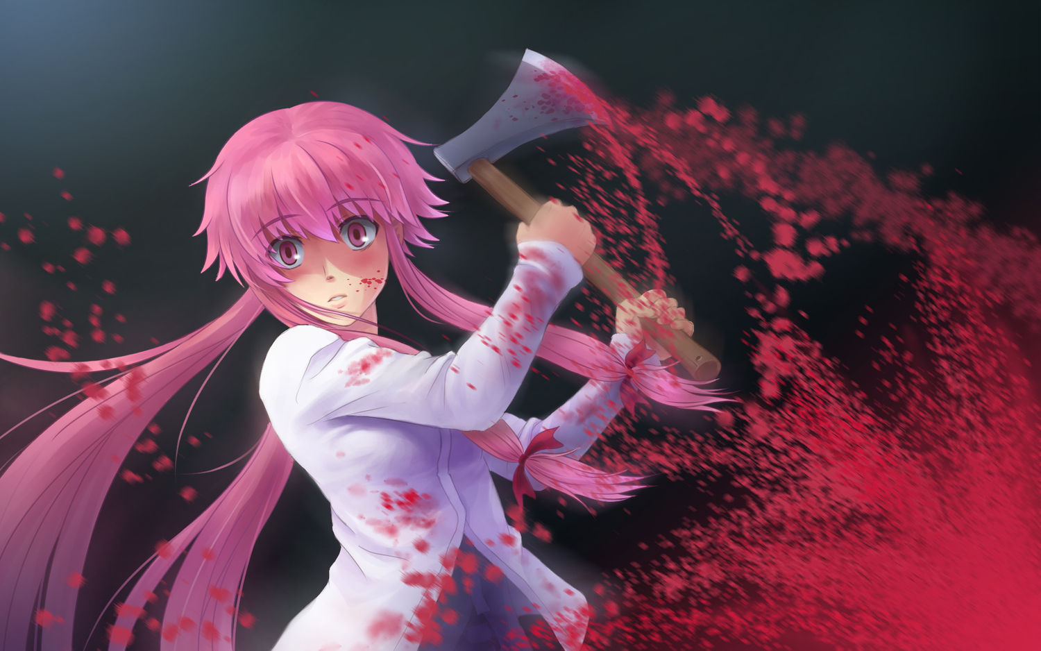 blood, blush, gasai_yuno, jackiexp, long_hair, mirai_nikki, pink_eyes, pink_hair, ribbons, twintails, weapon