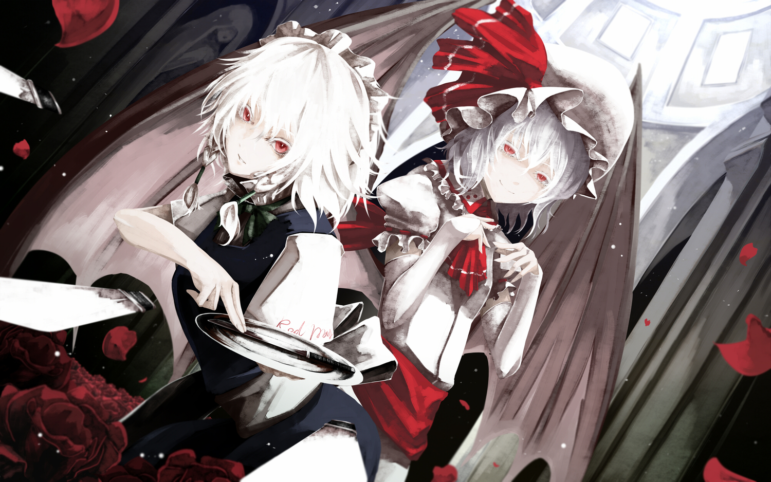 2girls, akihira_fujinohara, flowers, hat, izayoi_sakuya, maid, petals, red_eyes, remilia_scarlet, touhou, vampire, white_hair, wings