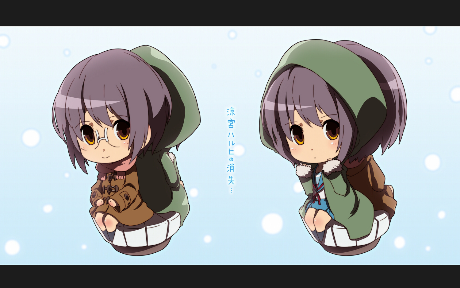 glasses, hajime, nagato_yuki, orange_eyes, purple_hair, scarf, school_uniform, short_hair