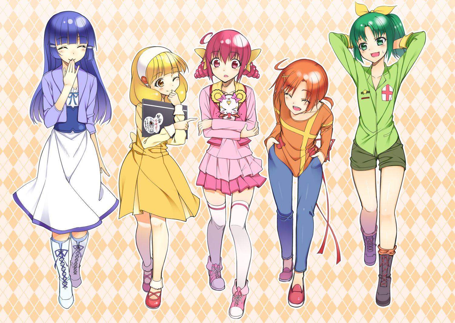 aoki_reika, boots, bow, candy_(precure), dress, food, fruit, hino_akane, hoshizora_miyuki, kise_yayoi, midorikawa_nao, precure, skirt, smile_precure!, strawberry, tel, thighhighs, twintails, wink