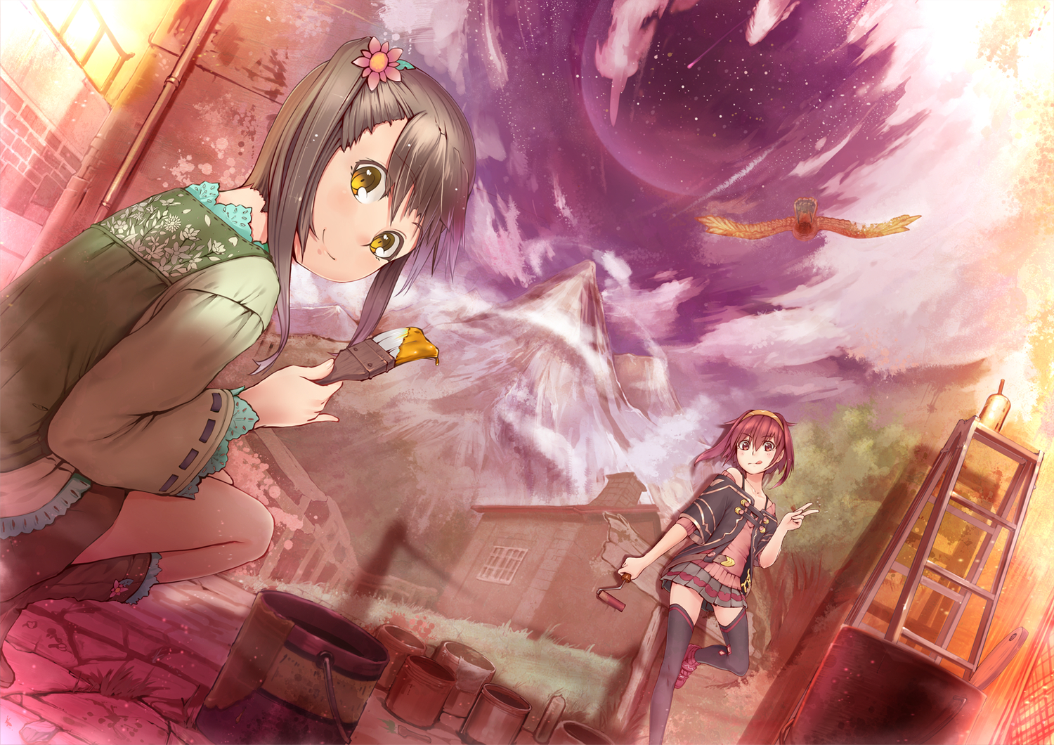 animal, bird, brown_hair, juu., original, skirt, thighhighs