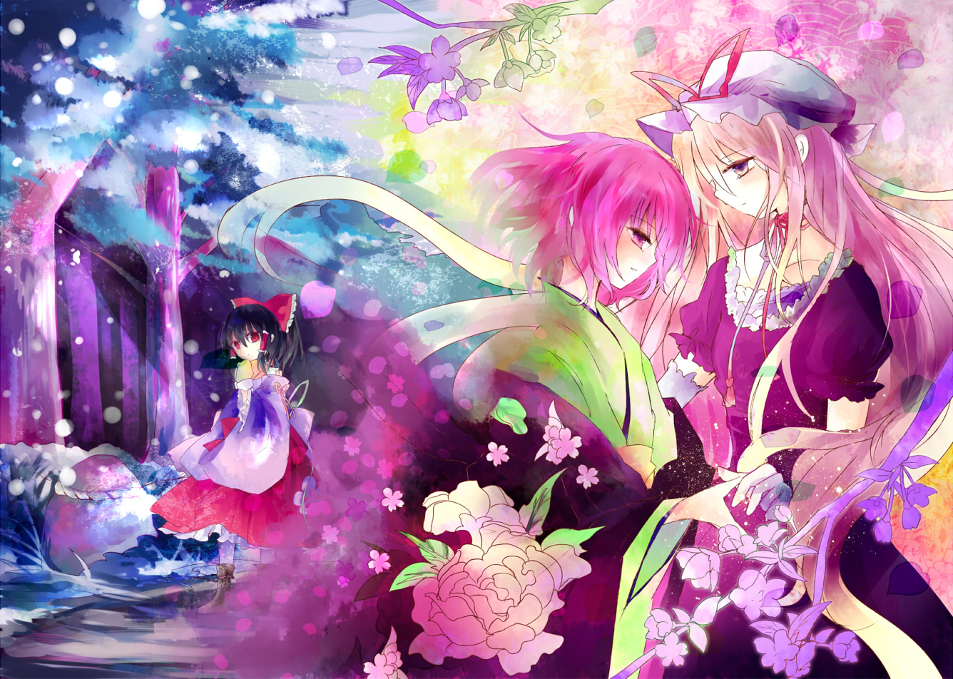 black_hair, blonde_hair, flowers, gloves, hakurei_reimu, hat, japanese_clothes, kazu_(muchuukai)