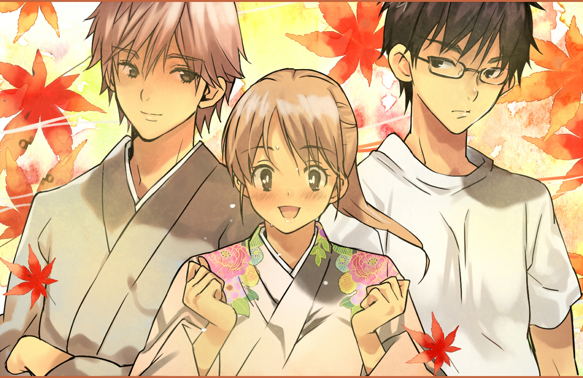ayase_chihaya, black_hair, blush, brown_eyes, brown_hair, chihayafuru, glasses, japanese_clothes, mashima_taichi, rand_(artist), wataya_arata