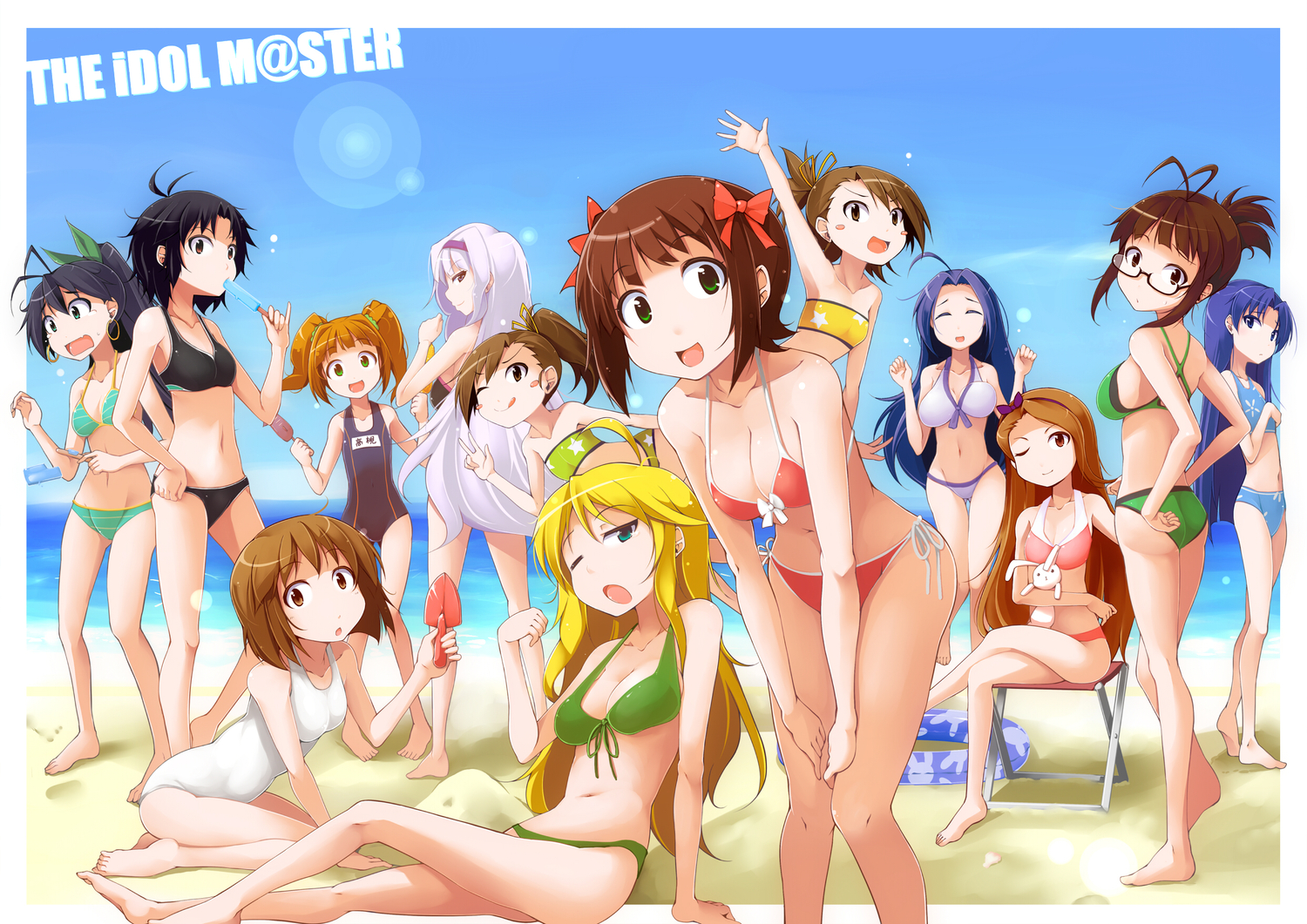 barefoot, beach, bikini, brown_hair, idolmaster, popsicle, shachi_kamaboko, swimsuit, tagme, tagme_(character)
