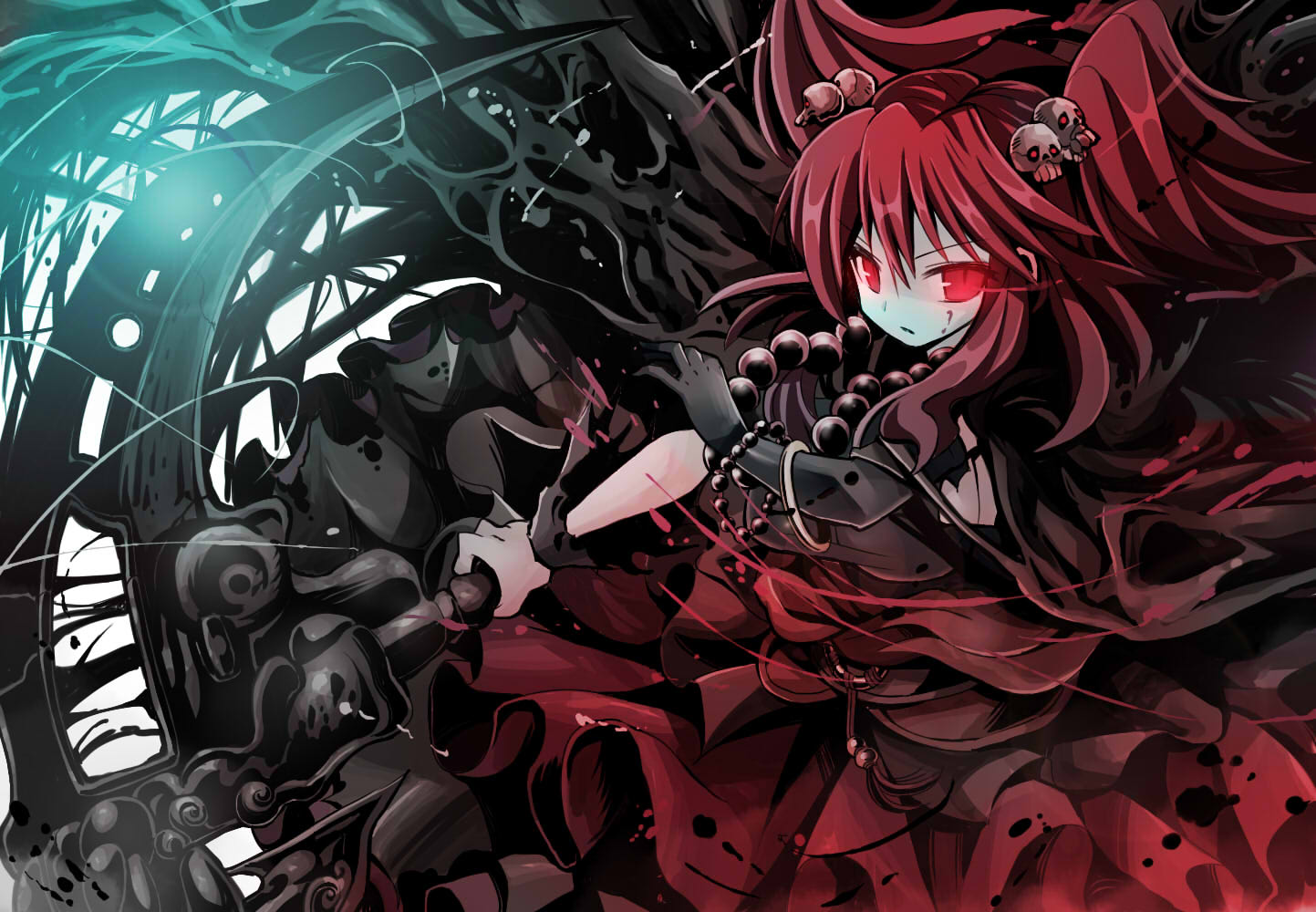 dress, gibuchoko, gothic, onozuka_komachi, red_eyes, red_hair, scythe, touhou, weapon