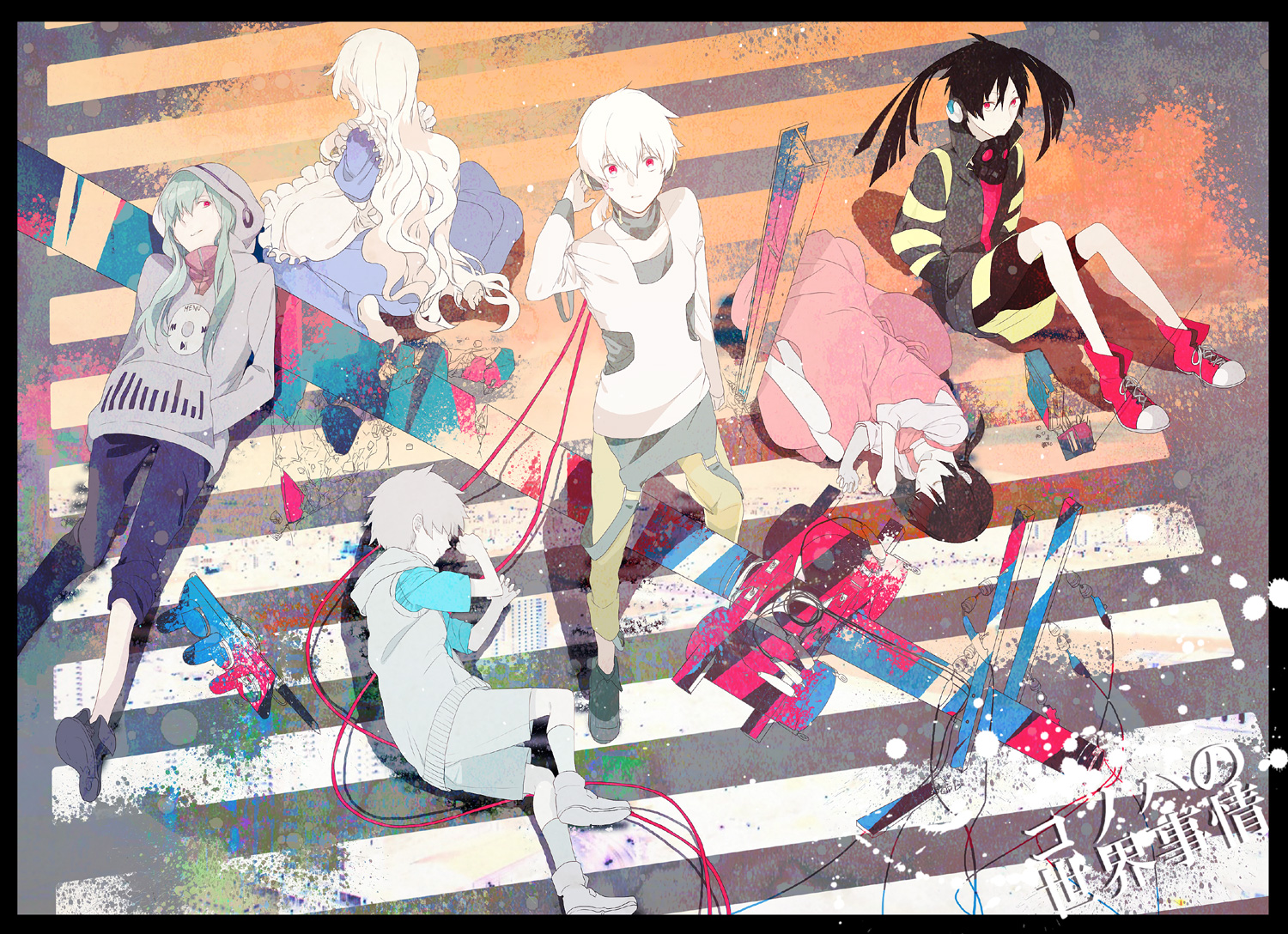 amamiya_hibiya, asahina_hiyori, black_hair, dress, enomoto_takane, green_hair, group, headphone_actor_(vocaloid), headphones, heat-haze_days_(vocaloid), imagination_forest_(vocaloid), kagerou_project, kido_tsubomi, konoha_(kagerou_project), konoha_no_sekai_jijou_(vocaloid), kozakura_mary, long_hair, mask, mekakushi_code_(vocaloid), oka_(a.m.), pink_eyes, short_hair, twintails, vocaloid, white_hair