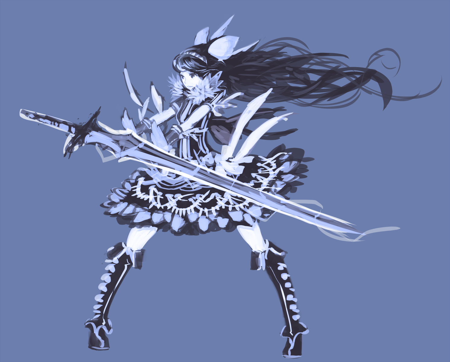 blue, boots, dress, kansou_samehada, long_hair, sword, tagme, weapon